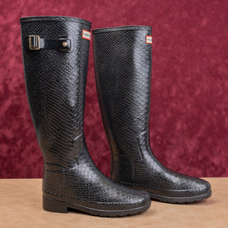 Hunter Women Scale Texture Farm Barn Black Wellies Rain Rubber Boots 5US EUR36