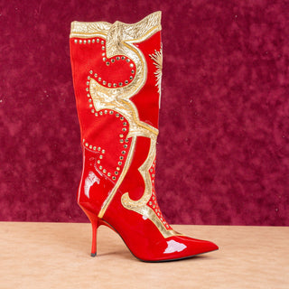 Jeffrey Campbell Business Red Patent Leather Suede Gold Knee High Boots size 7