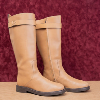 Tory Burch Women Double T Tan Leather Classic Riding Zip Equestrian Boots sz 9.5
