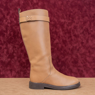 Tory Burch Women Double T Tan Leather Classic Riding Zip Equestrian Boots sz 9.5