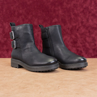 Lucky Brand Women Black Leather Festival Moto Buckle Zip Ankle Boots sz 8.5