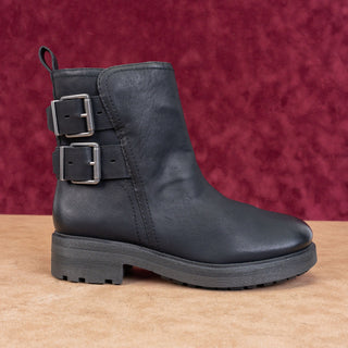 Lucky Brand Women Black Leather Festival Moto Buckle Zip Ankle Boots sz 8.5