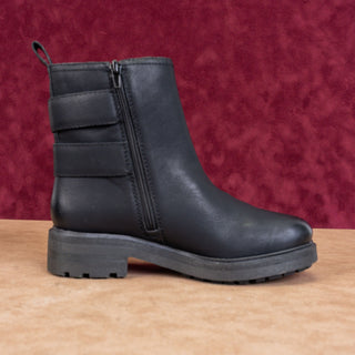 Lucky Brand Women Black Leather Festival Moto Buckle Zip Ankle Boots sz 8.5