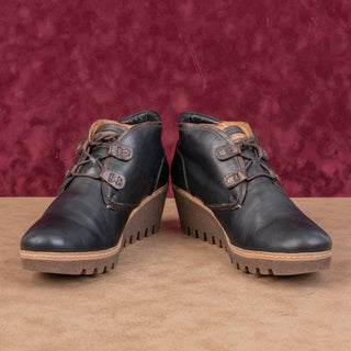 Pikolinos Women Maple Black Leather Lace-up Wedge Ankle Boots sz10US EUR41