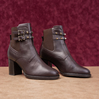 Valentino Garavani Women Rockstud Brown Calfskin Leather Ankle Boots 6.5US EUR37