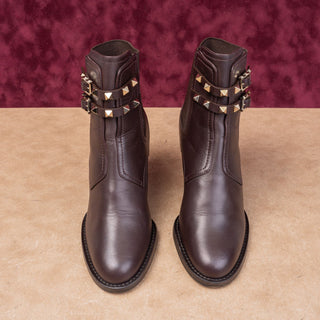 Valentino Garavani Women Rockstud Brown Calfskin Leather Ankle Boots 6.5US EUR37