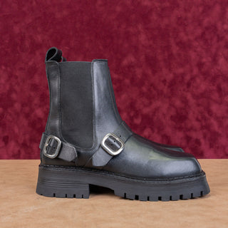 ASOS Design Women Black Leather Buckle Platform Chelsea Moto Boots sz 8US UK6