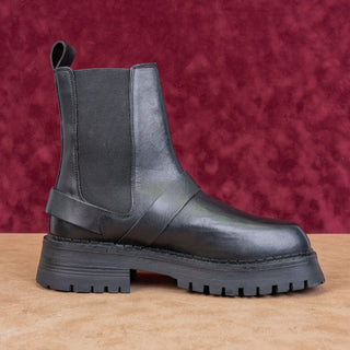 ASOS Design Women Black Leather Buckle Platform Chelsea Moto Boots sz 8US UK6