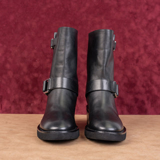 Stuart Weitzman Women Boulevard Black Leather Moto Buckle Mid Calf Boots sz 7