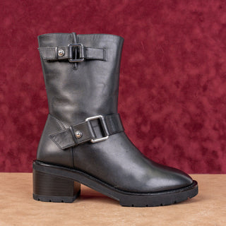 Stuart Weitzman Women Boulevard Black Leather Moto Buckle Mid Calf Boots sz 7