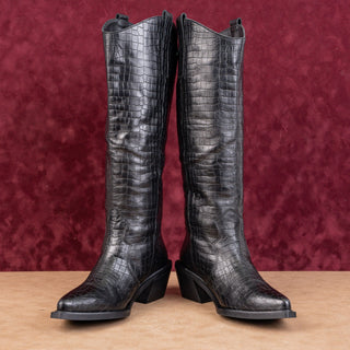 Alohas Women Croc Print Black Leather Cowboy Western Tall Boots 9US EUR 40