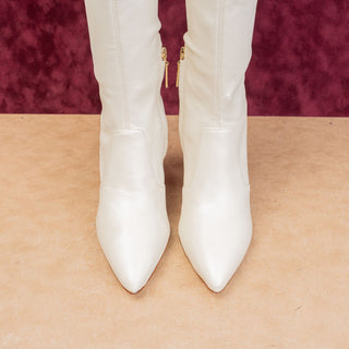 Larroude Women Off White Faux Leather Pointy Toe Party Knee Boots sz 10