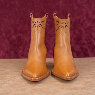 Marc Fisher Women Giddyup Cowboy Brown Leather Lasercut Ankle Boots sz 8.5