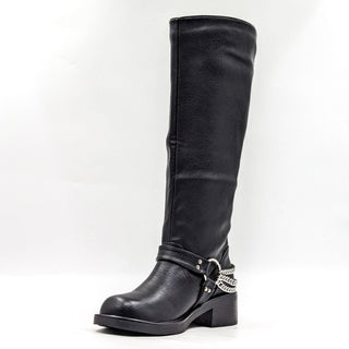 Azalea Wang Women Gardner Black Vegan Leather Moto Biker Chain Boots sz 6.5