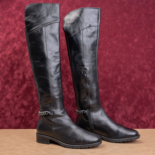 Kurt Geiger London Wmn Fashion OTK Black Leather Chain Moto Boots 9.5US EUR40.5