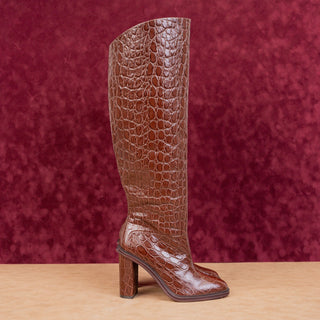 Vince Camuto Women Pendarie Brown Croc Print Leather Zip Knee Boots sz 5