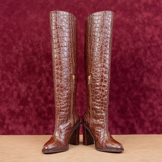 Vince Camuto Women Pendarie Brown Croc Print Leather Zip Knee Boots sz 5