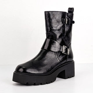 Michael Kors Women Perry Black Patent Leather MK Festival Moto Boots sz 6.5