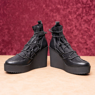 Steve Madden Women Atomic Black Leather Wedge Fashion Ankle Boots Size 8.5