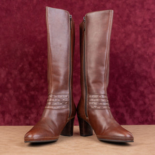 Clark Artisan Women Vintage Retro 90s Brown Leather Heel Zip Knee Boots sz 9