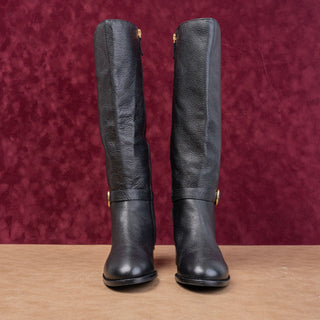 Tory Burch Women Brooke T Logo Strap Riding Equestrian Black Leather Boots 6.5
