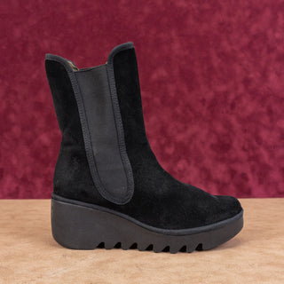 Fly London Women Wedge Black Suede Lug Slip-on Chelsea Ankle Boots 8-8.5US EUR39