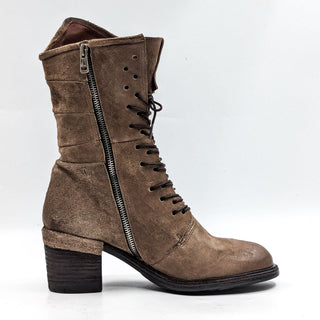 AS98 Women Jasper Light Brown Leather Lace Zip Moto Combat Boots 9-9.5US EUR 40