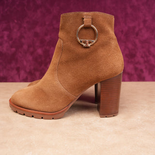 Tory Burch Women Sofia Brown Suede T Logo Harness Zip Summer Ankle Boots sz 11