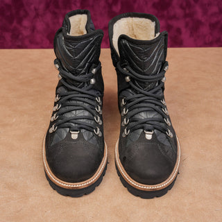 Ganni Women Quilted Black Leather Warm Winter Ankle Lace Boots size 9US EUR39