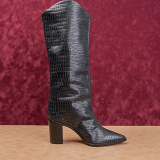 Schutz Women Analeah Croc Emboss Black Leather Western Cowboy Boots sz 9.5