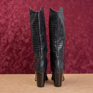 Schutz Women Analeah Croc Emboss Black Leather Western Cowboy Boots sz 9.5