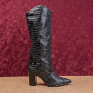 Schutz Women Analeah Croc Emboss Black Leather Western Cowboy Boots sz 9.5