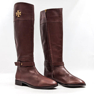 Tory Burch Women Everly Signature T Logo Leather Brown Riding Boots sz 8.5