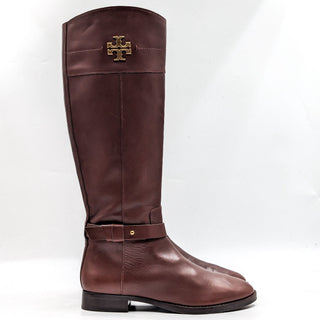 Tory Burch Women Everly Signature T Logo Leather Brown Riding Boots sz 8.5