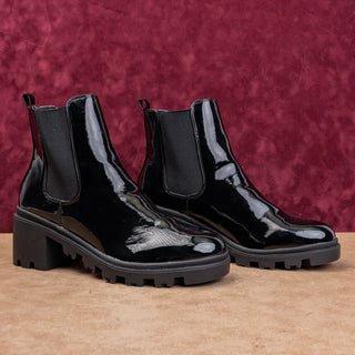 JF Women Black Faux Gloss Leather Fashion Slip-on Chelsea Ankle Boots sz 11