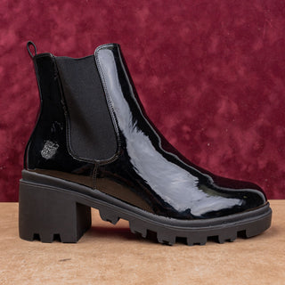 JF Women Black Faux Gloss Leather Fashion Slip-on Chelsea Ankle Boots sz 11