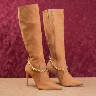 Schutz Women Vickie Tan Suede Fashion Party Pointy Zip Toe Knee Boots sz 7.5