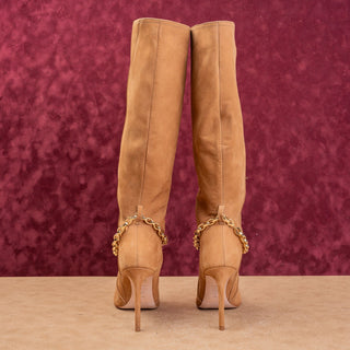 Schutz Women Vickie Tan Suede Fashion Party Pointy Zip Toe Knee Boots sz 7.5