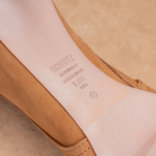 Schutz Women Vickie Tan Suede Fashion Party Pointy Zip Toe Knee Boots sz 7.5