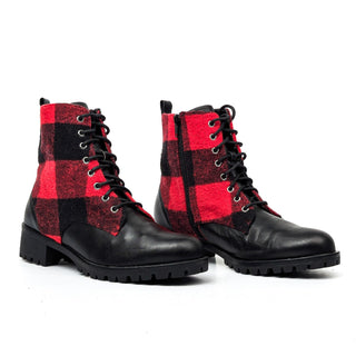 BP Women Plaid Fabric Red Black Zip lace-up Ankle Boots size 8.5