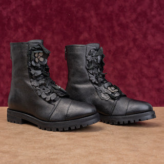 Jimmy Choo Wmn Havana Floral Black Leather Back Zip Combat Boots 7.5 EUR 37.5