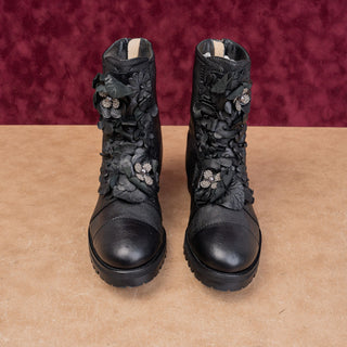 Jimmy Choo Wmn Havana Floral Black Leather Back Zip Combat Boots 7.5 EUR 37.5