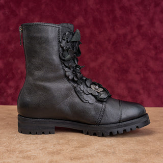 Jimmy Choo Wmn Havana Floral Black Leather Back Zip Combat Boots 7.5 EUR 37.5