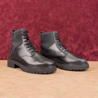 Johnson & Murphy Women Gianna Gore Lace-up Black Leather Combat Boots Sz 7.5