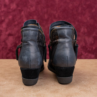 Halsa Women Black Suede Blue Zip Wedge Fashion Zip Ankle Boots sz 7.5