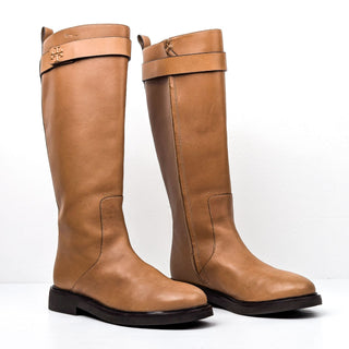 Tory Burch Women Double T Strap Tan Leather Riding Zip Knee Boots sz 9.5