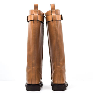 Tory Burch Women Double T Strap Tan Leather Riding Zip Knee Boots sz 9.5