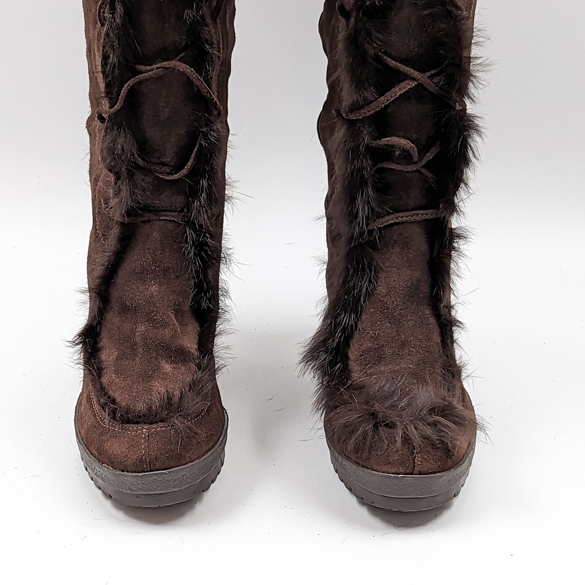 Coach Women Karita Rabbit Fur Cuff Brown Suede Wedge Tall Boots