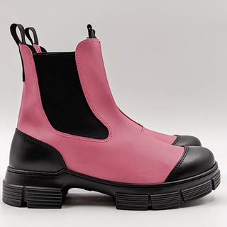 Ganni Women Retro City Pink Black Rubber Platform Chelsea Boots Size 6.5US 37 EUR