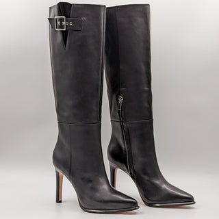 PAIGE Women Hazel Pointy Toe Black Leather Buckle Knee Boots size 7.5